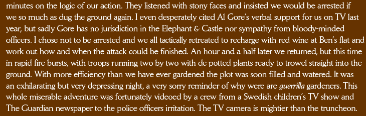  minutes on the logic of our action. They listened with stony faces and insisted we would be arrested if we so much as dug the ground again. I even desperately cited Al Gore’s verbal support for us on TV last year, but sadly Gore has no jurisdiction in the Elephant & Castle nor sympathy from bloody-minded officers. I chose not to be arrested and we all tactically retreated to recharge with red wine at Ben’s flat and work out how and when the attack could be finished. An hour and a half later we returned, but this time in rapid fire bursts, with troops running two-by-two with de-potted plants ready to trowel straight into the ground. With more efficiency than we have ever gardened the plot was soon filled and watered. It was an exhilarating but very depressing night, a very sorry reminder of why were are guerrilla gardeners. This whole miserable adventure was fortunately videoed by a crew from a Swedish children’s TV show and The Guardian newspaper to the police officers irritation. The TV camera is mightier than the truncheon. 