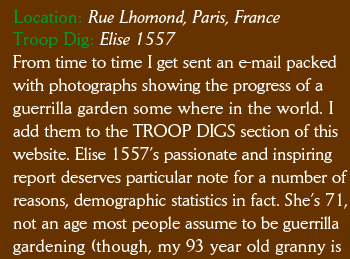 GG: 1557  Elise,  Rue Lhomond Paris, France  Elise wrote to me with news of two new guerrilla gardens she has planted in Paris.. “My name is Elise. I am a French woman, aged 71.  Sometimes last Spring, I heard on one of the French radios a report of your activities. I was immediately  delighted and interested, being by nature strongly independent and against any form of authority and  conformism. Challenging authority is for me a must  (with a wink & great pleasure for doing so !), I  know  it might sound stupid at my age, but this is  so ! So, I immediately sensed that Guerrilla 