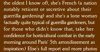 the oldest I know of), she’s French (a nation  notably reticent or secretive about their  guerrilla gardening) and she’s a lone woman (actually quite typical of guerrilla gardeners, but for those who didn’t know that, take her  confidence for horticultural combat in the early  morning around Paris’ 5th arrondissement as  inspiration.) Elise’s full report and more photos