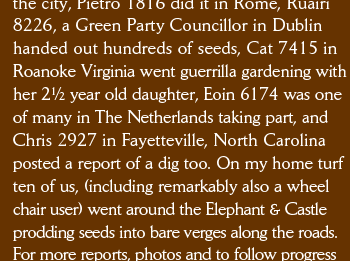 the city, Pietro 1816 did it in Rome, Ruairí 8226, a Green Party Councillor in Dublin handed out hundreds of seeds, Cat 7415 in Roanoke Virginia went guerrilla gardening with her 2½ year old daughter, Eoin 6174 was one of many in The Netherlands taking part, and  Chris 2927 in Fayetteville, North Carolina posted a report of a dig too. On my home turf ten of us, (including remarkably also a wheel chair user) went around the Elephant & Castle prodding seeds into bare verges along the roads. For more reports, photos and to follow progress 