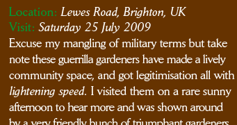 Location: Lewes Road, Brighton, UK Visit: Saturday 25 July 2009 Excuse my mangling of military terms but take note these guerrilla gardeners have made a lively community space, and got legitimisation all with lightening speed. I visited them on a rare sunny afternoon to hear more and was shown around by a very friendly bunch of triumphant gardeners. 
