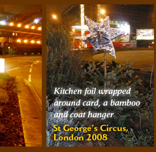 Kitchen foil wrapped around card, a bamboo and coat hanger St George's Circus, London 2008