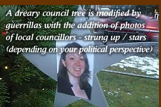 A dreary council tree is modified by guerrillas with the addition of photos of local councillors - strung up / stars (depending on your political perspective)