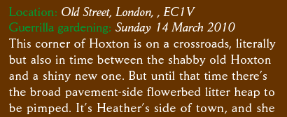Location: Old Street, London, , EC1V Guerrilla gardening: Sunday 14 March 2010 This corner of Hoxton is on a crossroads, literally but also in time between the shabby old Hoxton  and a shiny new one. But until that time there’s  the broad pavement-side flowerbed litter heap to  be pimped. It’s Heather’s side of town, and she  