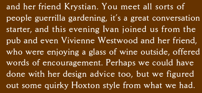 and her friend Krystian. You meet all sorts of  people guerrilla gardening, it’s a great conversation starter, and this evening Ivan joined us from the  pub and even Vivienne Westwood and her friend,  who were enjoying a glass of wine outside, offered words of encouragement. Perhaps we could have done with her design advice too, but we figured out some quirky Hoxton style from what we had.   