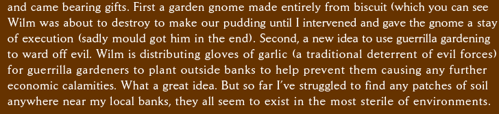 and came bearing gifts. First a garden gnome made entirely from biscuit (which you can see Wilm was about to destroy to make our pudding until I intervened and gave the gnome a stay of execution (sadly mould got him in the end). Second, a new idea to use guerrilla gardening to ward off evil. Wilm is distributing gloves of garlic (a traditional deterrent of evil forces) for guerrilla gardeners to plant outside banks to help prevent them causing any further economic calamities. What a great idea. But so far I’ve struggled to find any patches of soil anywhere near my local banks, they all seem to exist in the most sterile of environments.
