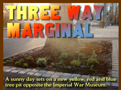 Three Way Marginal - A sunny day sets on a new yellow, red and blue tree pit opposite the Imperial War Museum