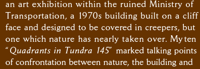 an art exhibition within the ruined Ministry of Transportation, a 1970s building built on a cliff face and designed to be covered in creepers, but one which nature has nearly taken over. My ten “Quadrants in Tundra 145” marked talking points of confrontation between nature, the building and  