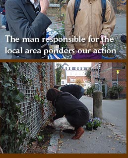 The man responsible for the local area ponders our guerrilla gardening action
