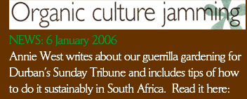 Annie West from Durban's Sunday Tribune writes about Guerrilla Gardening , which she describes as Organic Culture Jamming
