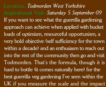 Location: Todmorden West Yorkshire Inspirational Visit: Saturday 5 September 09 If you want to see what the guerrilla gardening approach can achieve when applied with bucket loads of optimism, resourceful opportunism, a very bold objective (self sufficiency for the town within a decade) and an enthusiasm to reach out into the rest of the community then go and visit Todmorden. That’s the formula, though it is hard to bottle (it comes naturally here) for the best guerrilla veg gardening I’ve seen within the UK if you measure the scale and the impact 
